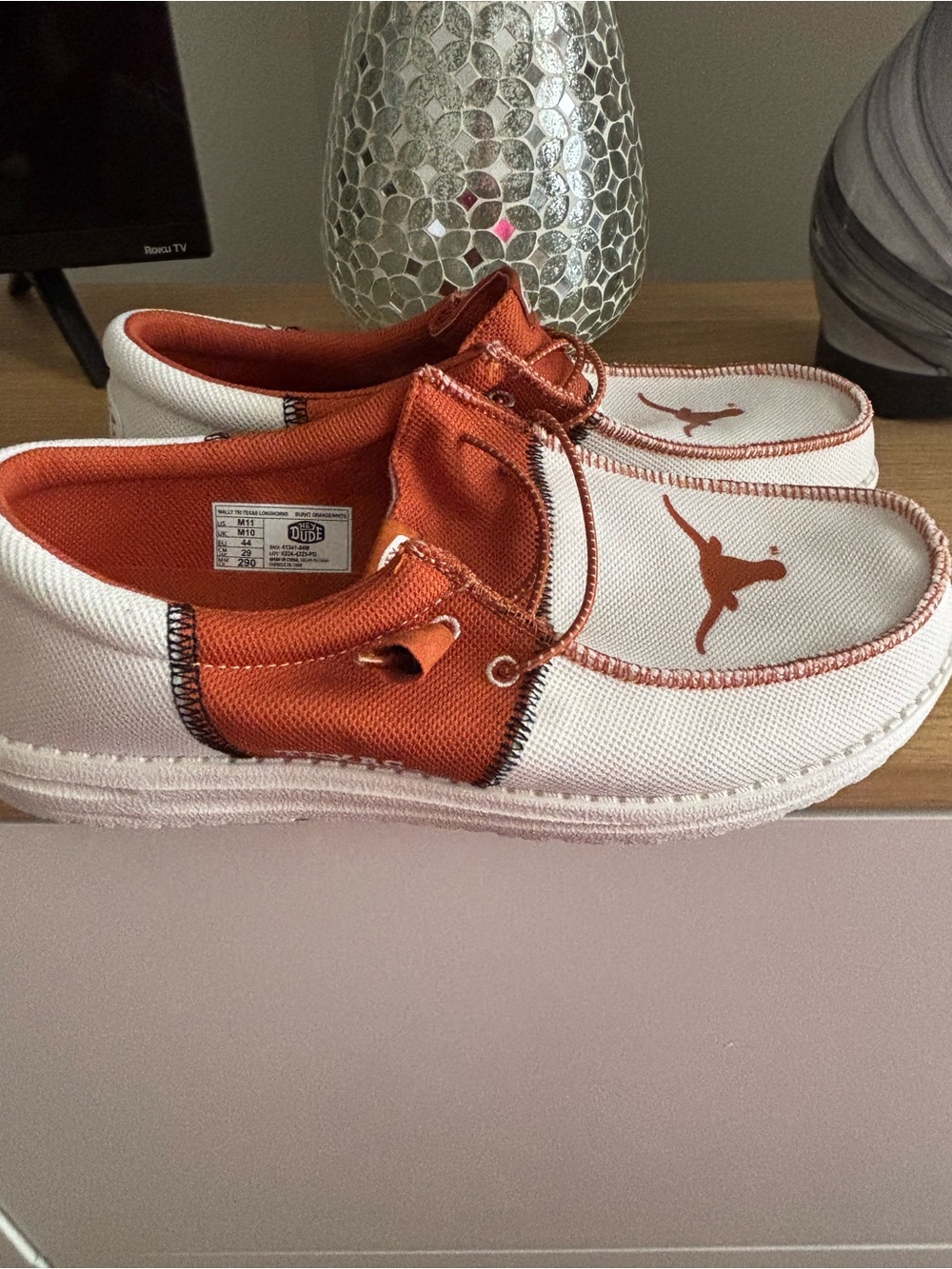 Hey Dude Men's Slip-On Loafers in White and Orange with Longhorn Logo - Picture 2 of 4